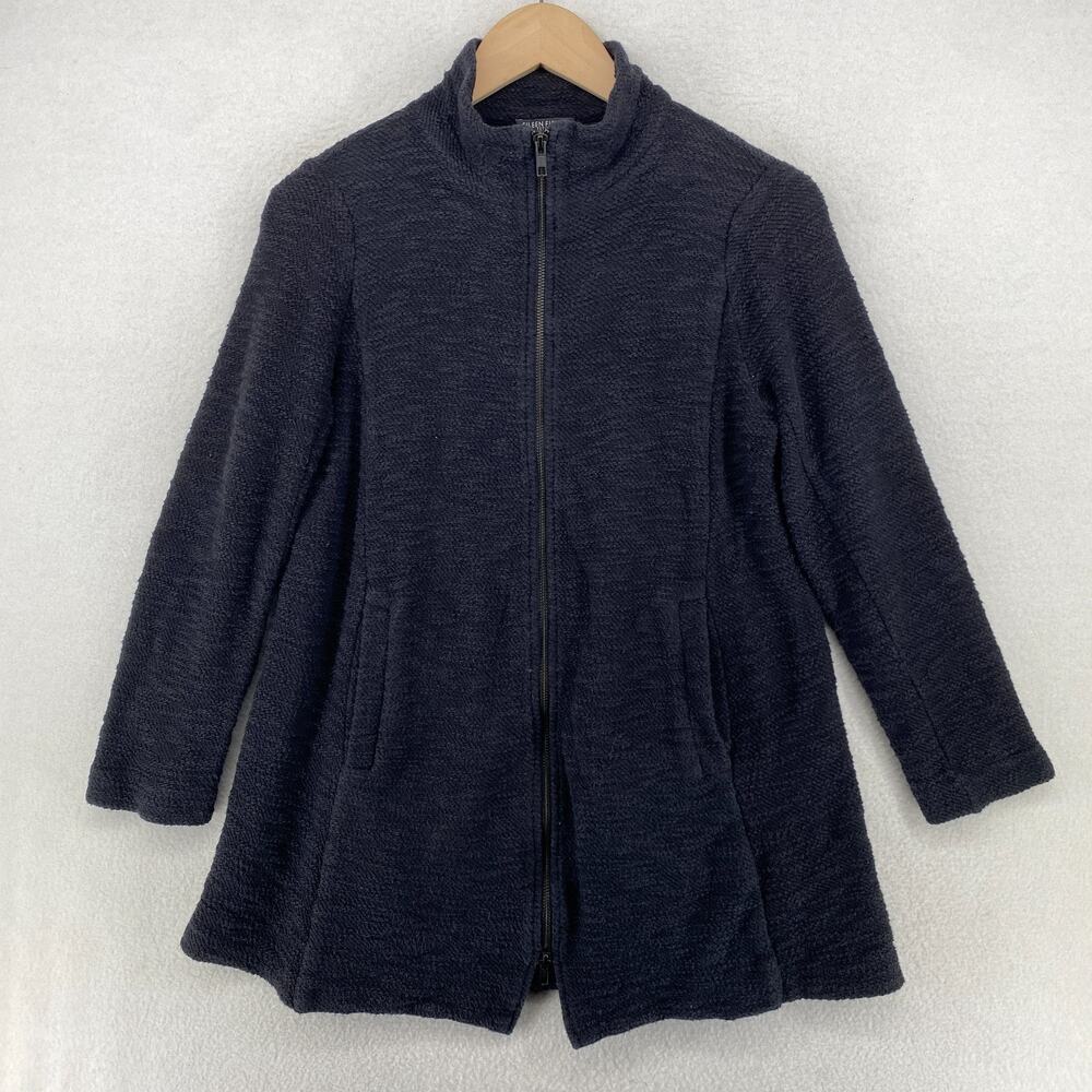 EILEEN FISHER Jacket PS Organic Cotton Slub Terry High Neck Double Zip Black USA